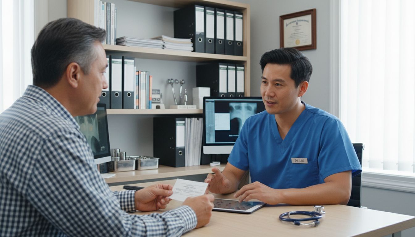 Doctor in blue scrubs consults with a patient in a medical office, gesturing at a tablet.