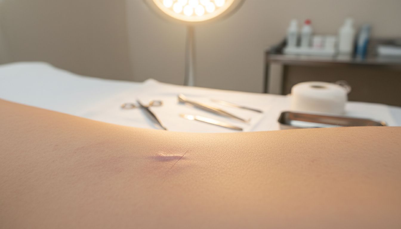 Surgical scar on skin, with surgical instruments on a nearby table under a bright operating room light.