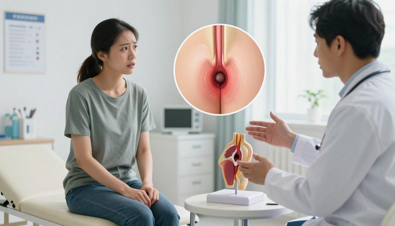 Woman consults doctor about rectal issue, illustrated in a close-up circle above. Doctor points to an anatomical model.