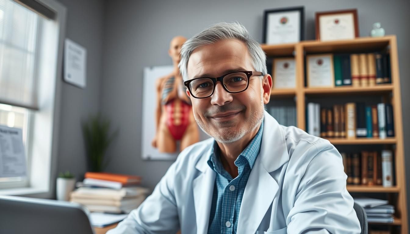Doctor in white coat, glasses, smiling in office with anatomical chart and bookshelf.