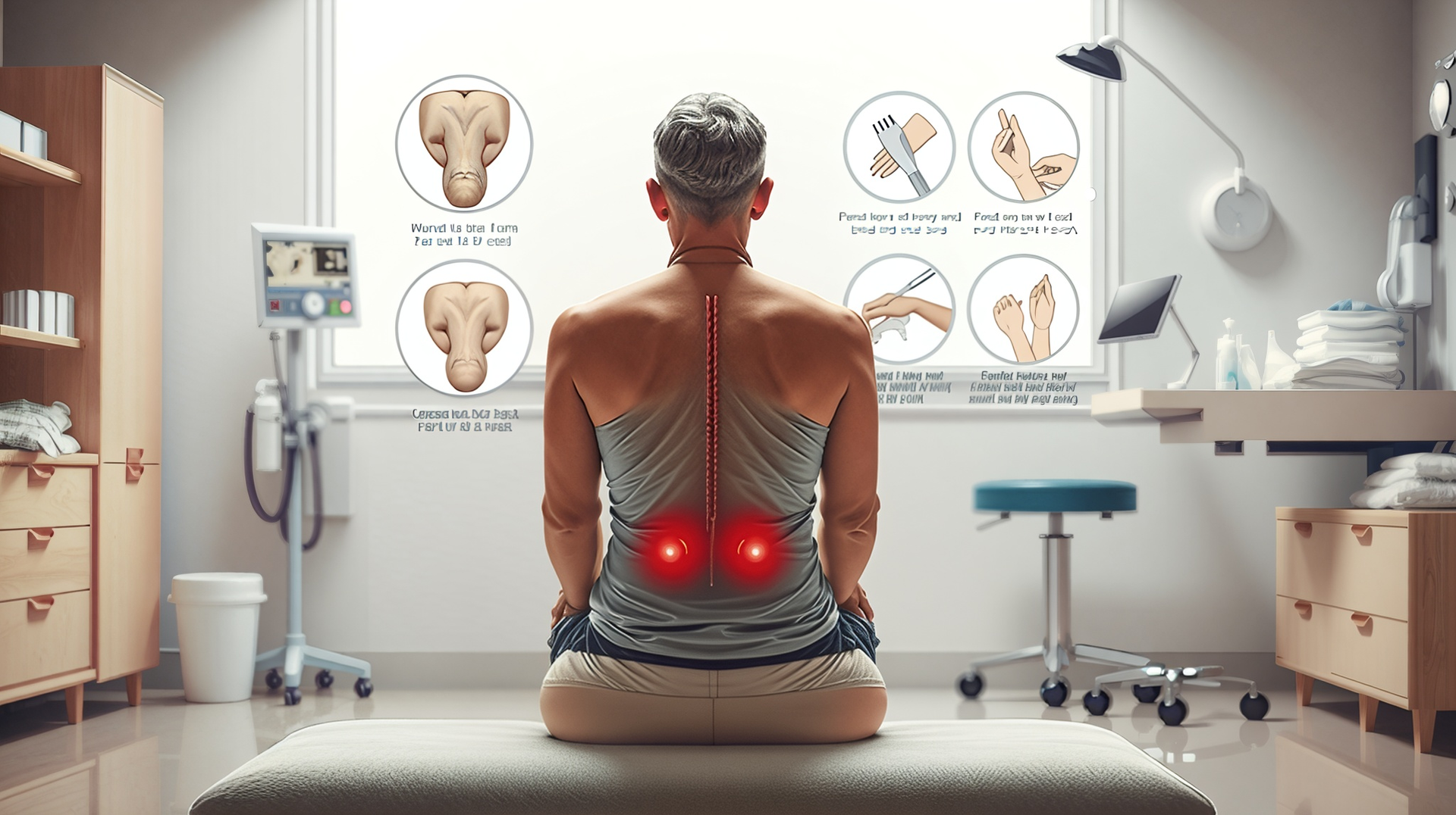 Woman seated, back to the viewer, in a doctor's office. Red highlights indicate back pain. Anatomical charts displayed.