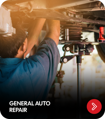 Mechanic working under a car at a repair shop. Text: General Auto Repair. Red arrow | Genesis Automotive and RV Repair