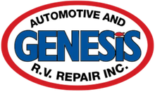 Logo for Genesis Automotive and RV Repair Inc., blue text on white within a red oval | Genesis Automotive and RV Repair