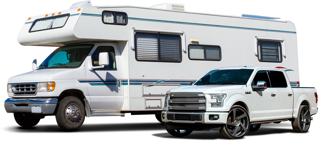 White RV and pickup truck, side-by-side, against a white background | Genesis Automotive and RV Repair