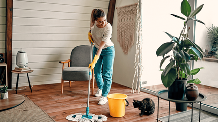 A woman is cleaning the floor in a living room with a mop and bucket.