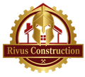 Logo for Rivus Construction: golden Spartan helmet over a red-roofed house, in a gold gear, with text.