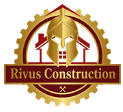 Logo for Rivus Construction: golden Spartan helmet over a red-roofed house, in a gold gear, with text.