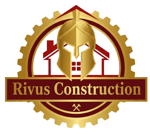 Logo for Rivus Construction: golden Spartan helmet over a red-roofed house, in a gold gear, with text.