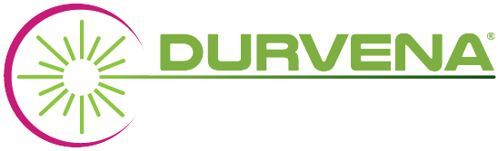 A green and pink logo for durvena with a sun in the middle