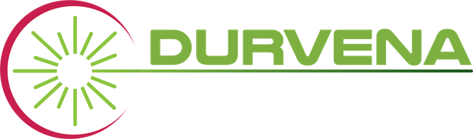 A green and pink logo for durvena with a sun in the middle