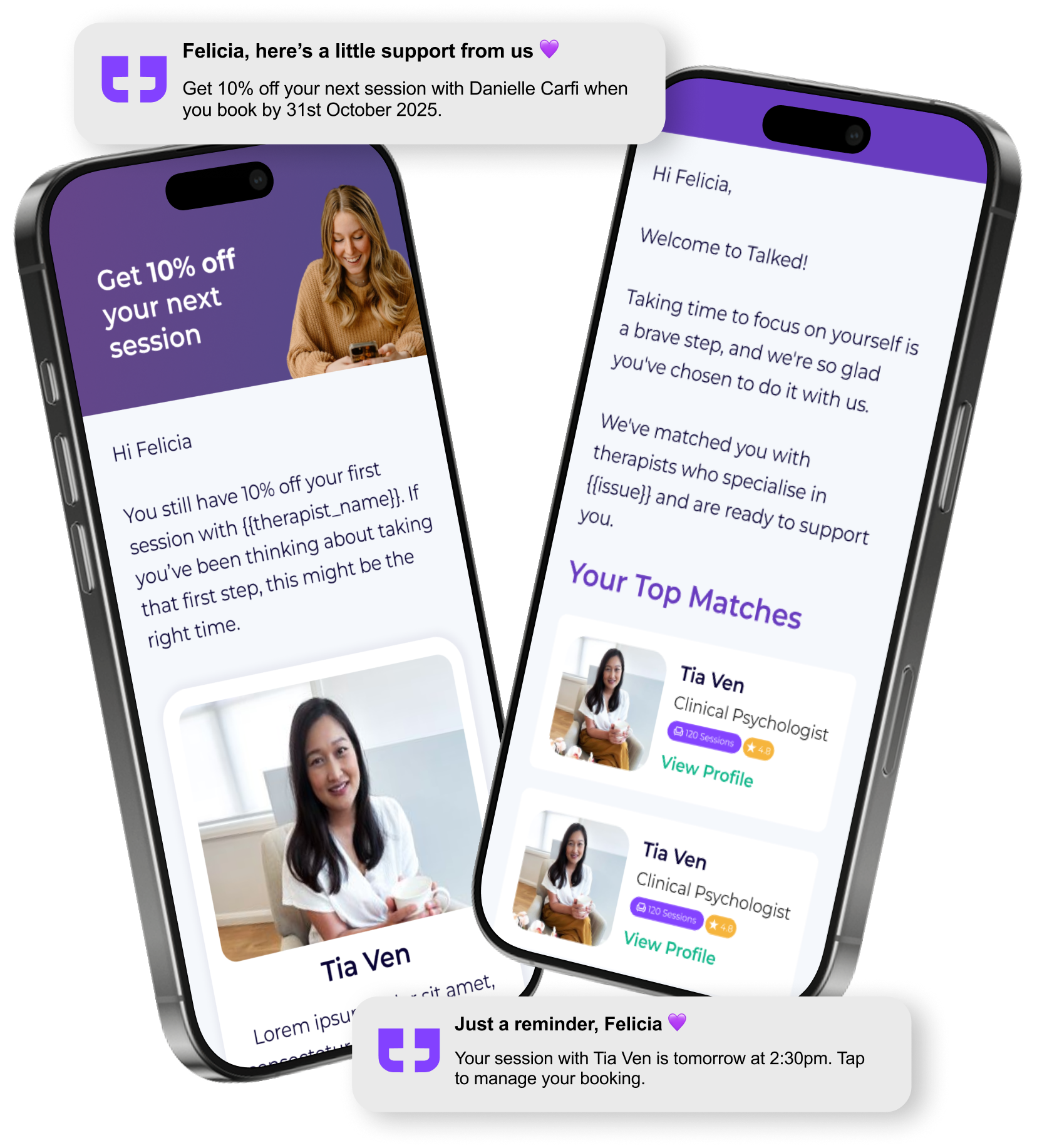 Three phones displaying a purple and white app, including a therapist matching interface.