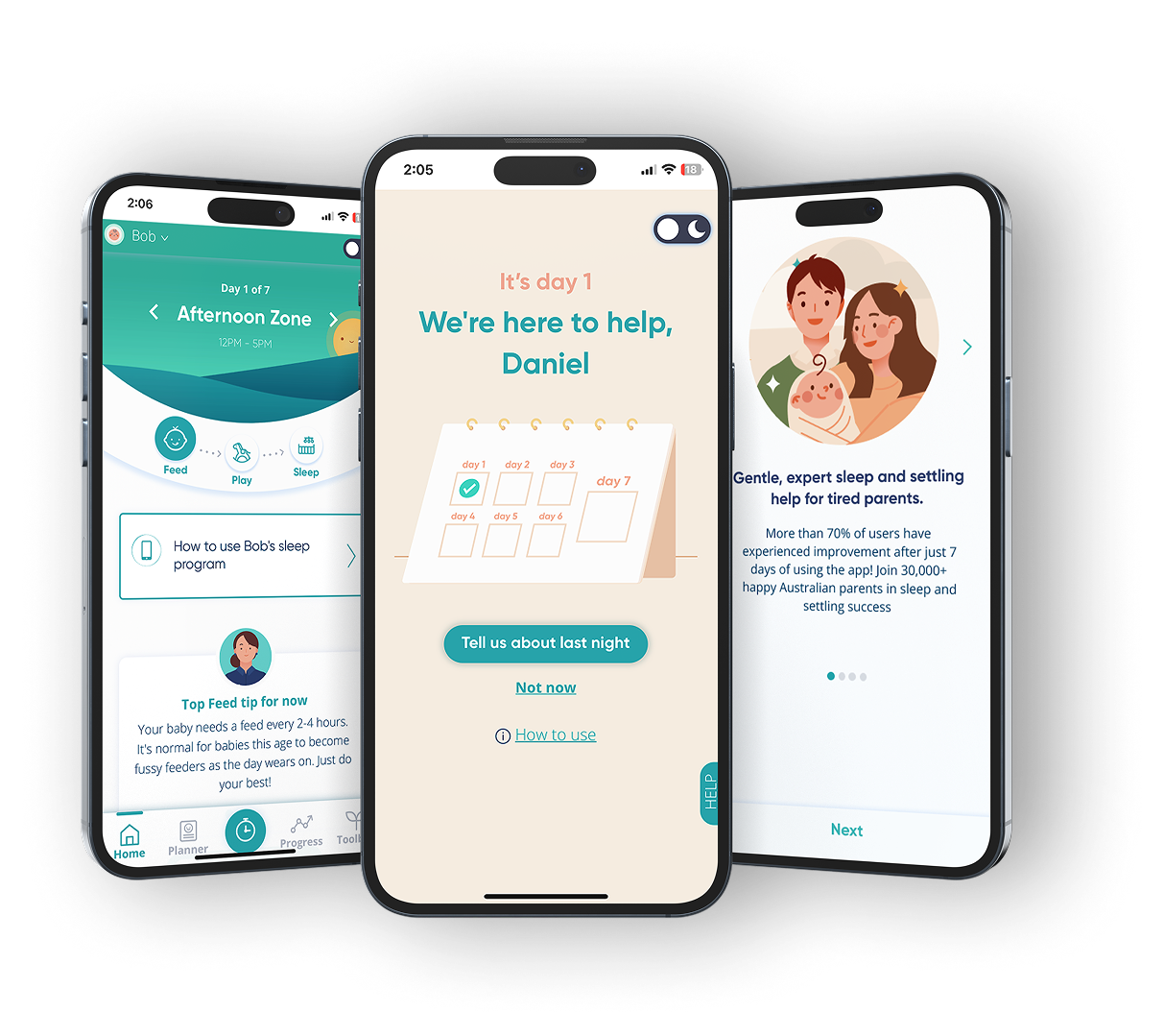 Three phones showcasing SleepWellBaby are sitting next to each other on a white background