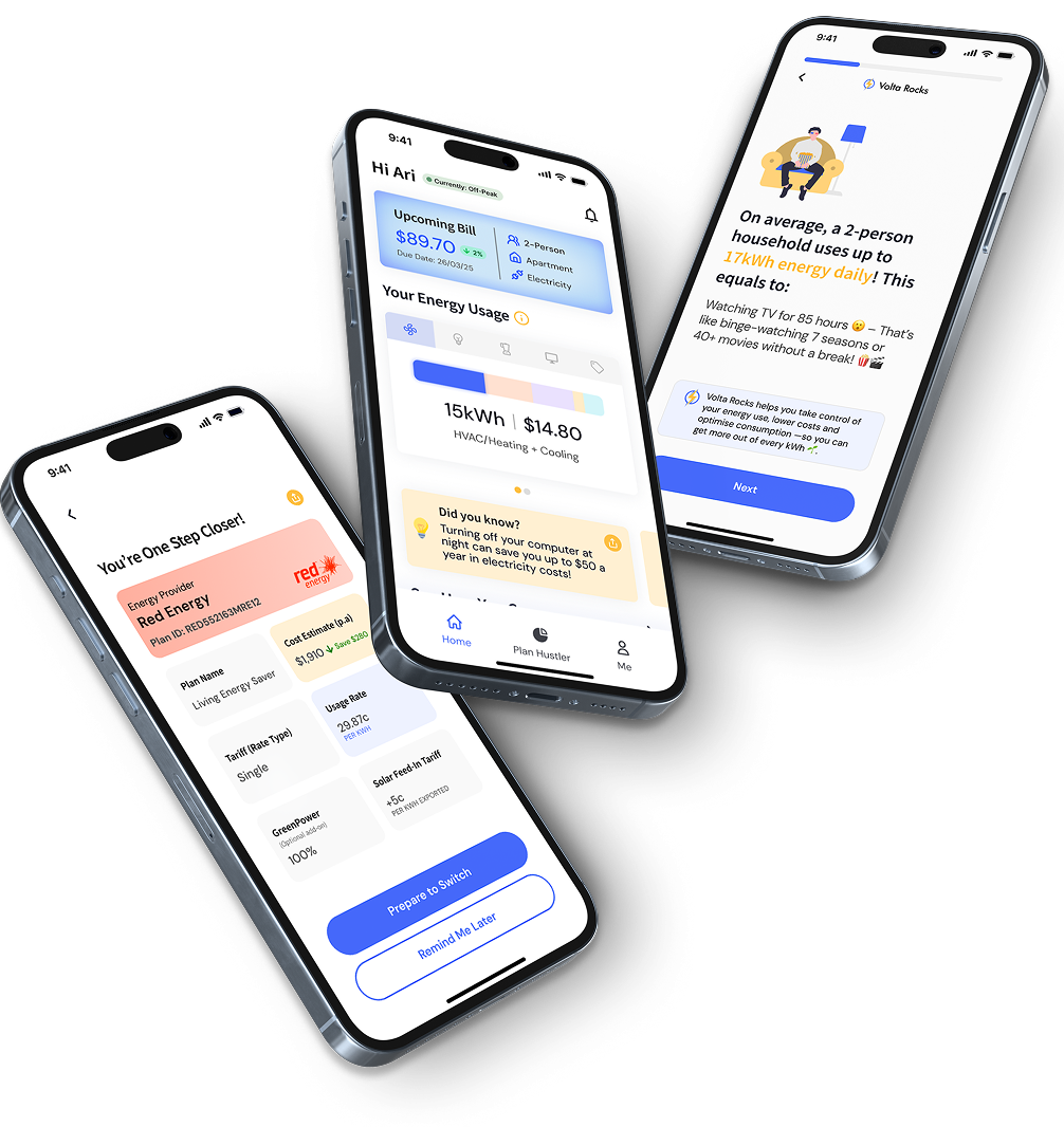 Three phones showcasing VoltaRocks App are sitting next to each other on a white background