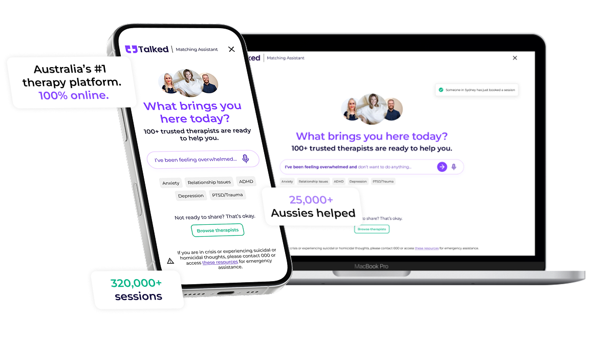 Desktop computer and laptop displaying a website with three people at the top.