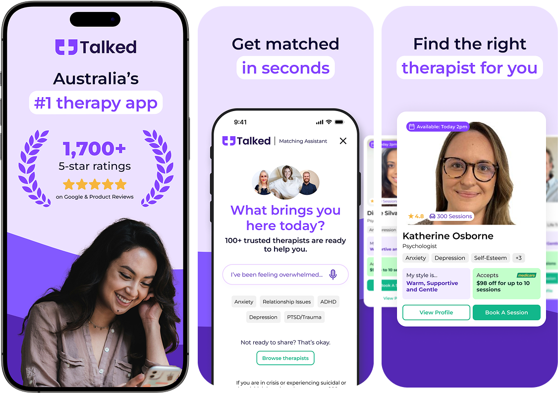 Desktop computer and laptop displaying a website with three people at the top.