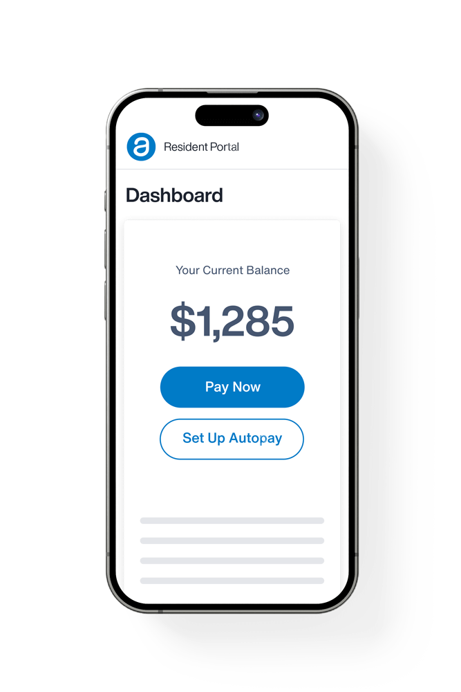 A smartphone screen displays a resident portal dashboard showing a $1,285 balance, with Pay Now and Set Up Autopay buttons.