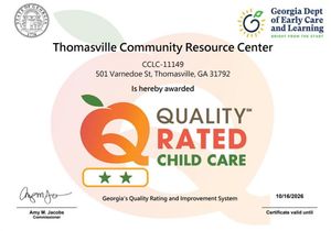 Certificate for Thomasville Community Resource Center, awarded Quality Rated Child Care, with two stars.