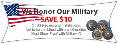 A banner that says we honor our military save $ 10 on all repairs and installations
