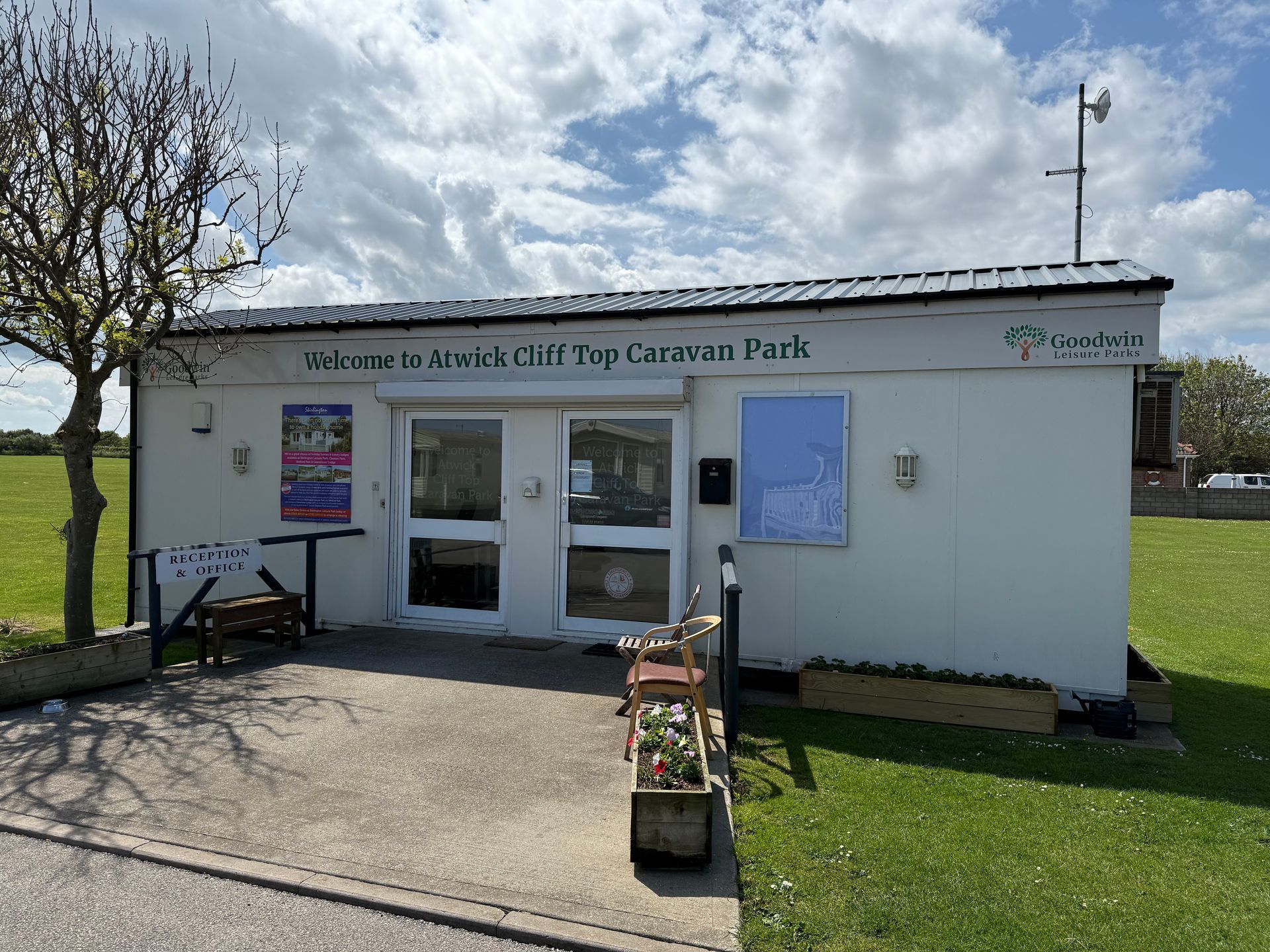 A white building with the words 