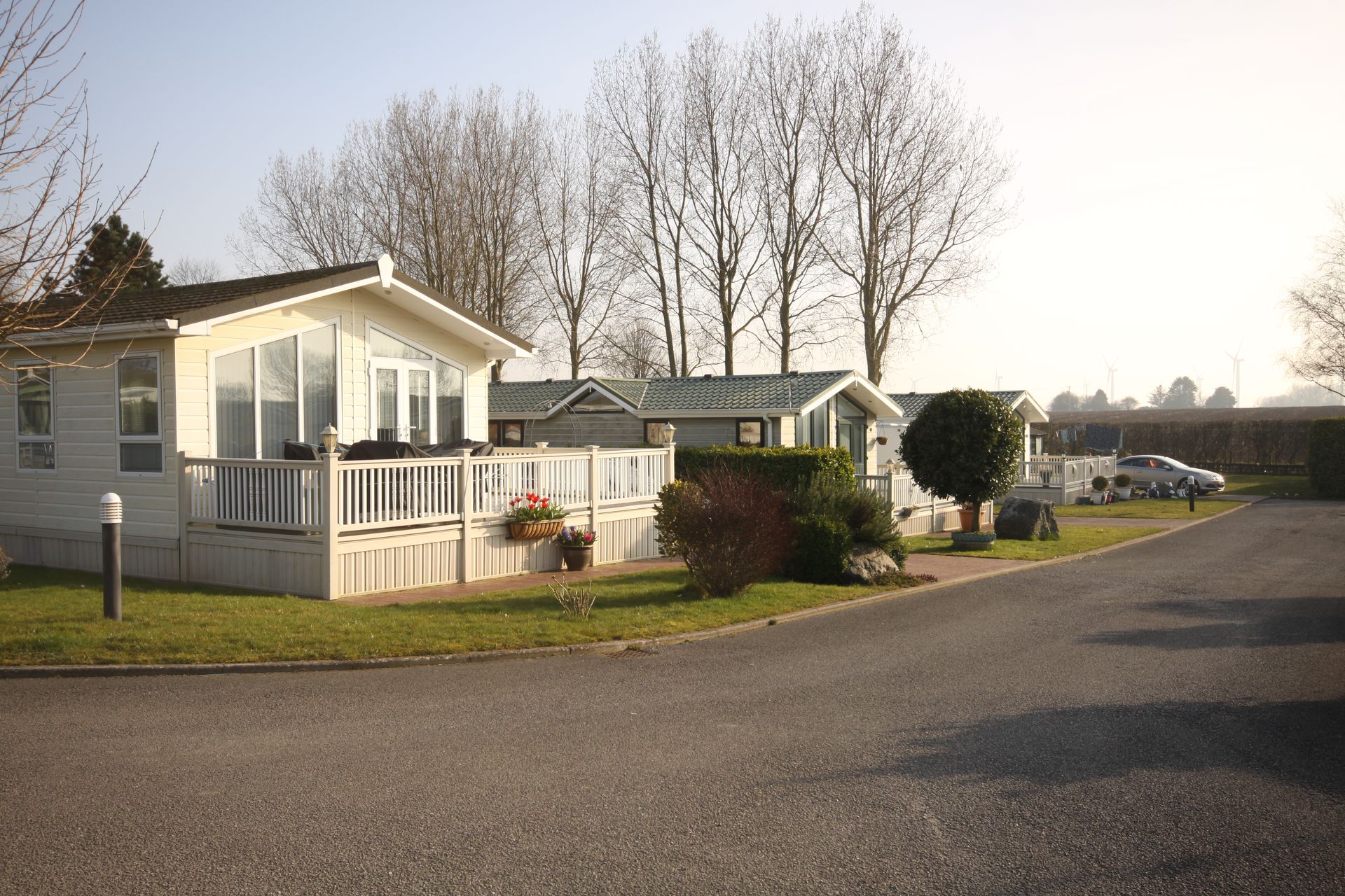 Mobile homes in a park, light gray, small trees and shrubs, asphalt road.