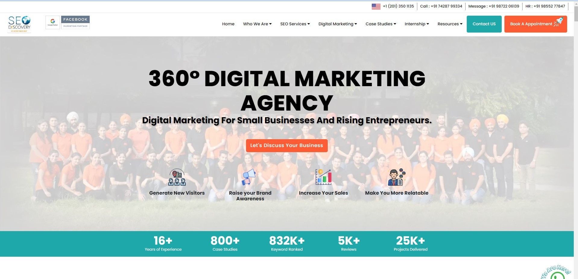 A screenshot of the website for a 360 degree digital marketing agency.