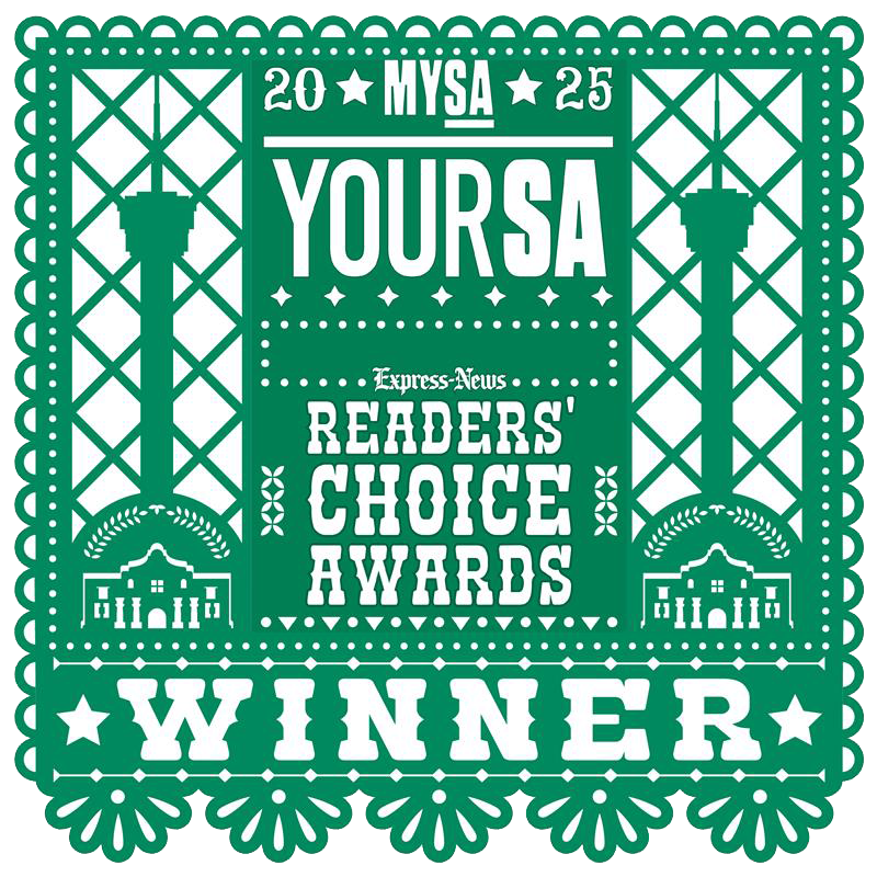 A green, paper-cut style graphic for the 2025 MYSA Readers' Choice Awards, featuring the Alamo and Tower of the Americas.