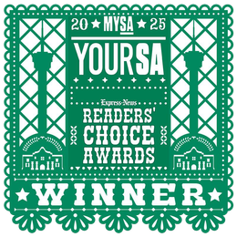 A green, paper-cut style graphic for the 2025 MYSA Readers' Choice Awards, featuring the Alamo and Tower of the Americas.