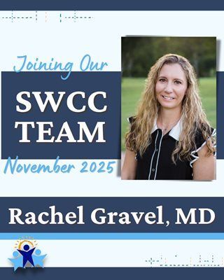 Announcement for Rachel Gravel, MD joining the SWCC team in November 2025, featuring her professional portrait.