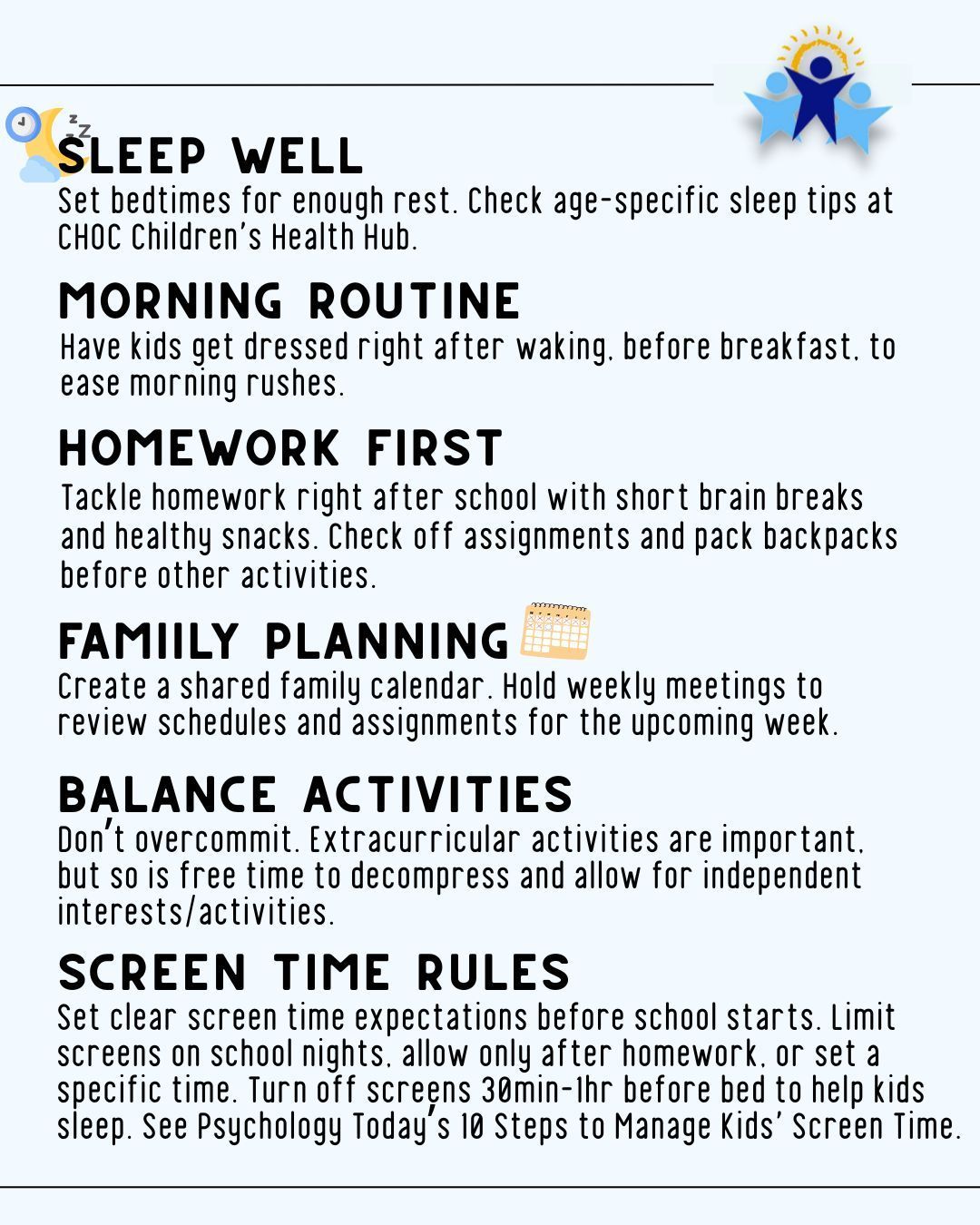 A helpful infographic with six tips for organizing a student's daily routine, including sleep, study, and screen habits.