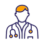 Stylized icon of a healthcare professional in a white coat with a stethoscope draped over their neck.