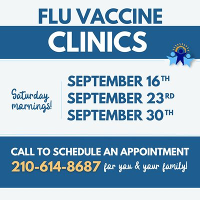 Flu vaccine clinic flyer for September 16th, 23rd, and 30th on Saturday mornings. Call 210-614-8687 to schedule appointments.