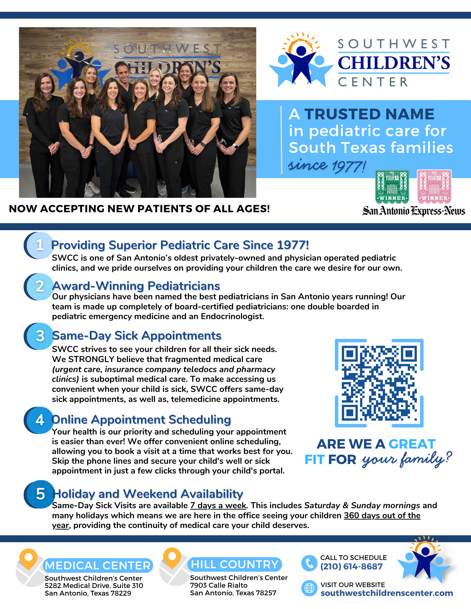 Flyer for Southwest Children’s Center featuring staff, contact info, and five key service points for pediatric care.