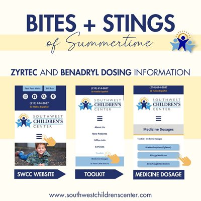 Instructions for accessing Zyrtec and Benadryl dosing information on the Southwest Children's Center website.