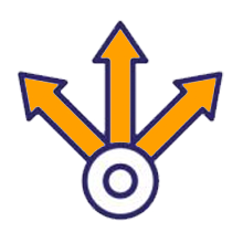 A white circle with a dark outline, from which three orange arrows radiate upward and to the sides.