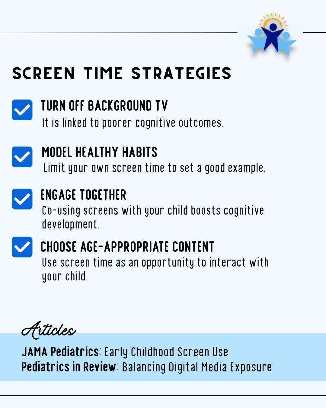 Infographic with four tips for managing children's screen time, including turning off background TV and modeling habits.
