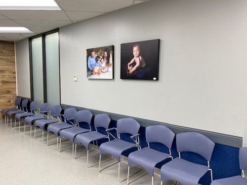 A row of blue chairs in a waiting area with two framed photos mounted on a light gray wall.