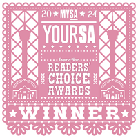 Pink MYSA 2024 Readers' Choice Awards Winner emblem featuring San Antonio landmarks in a papel picado-style design.