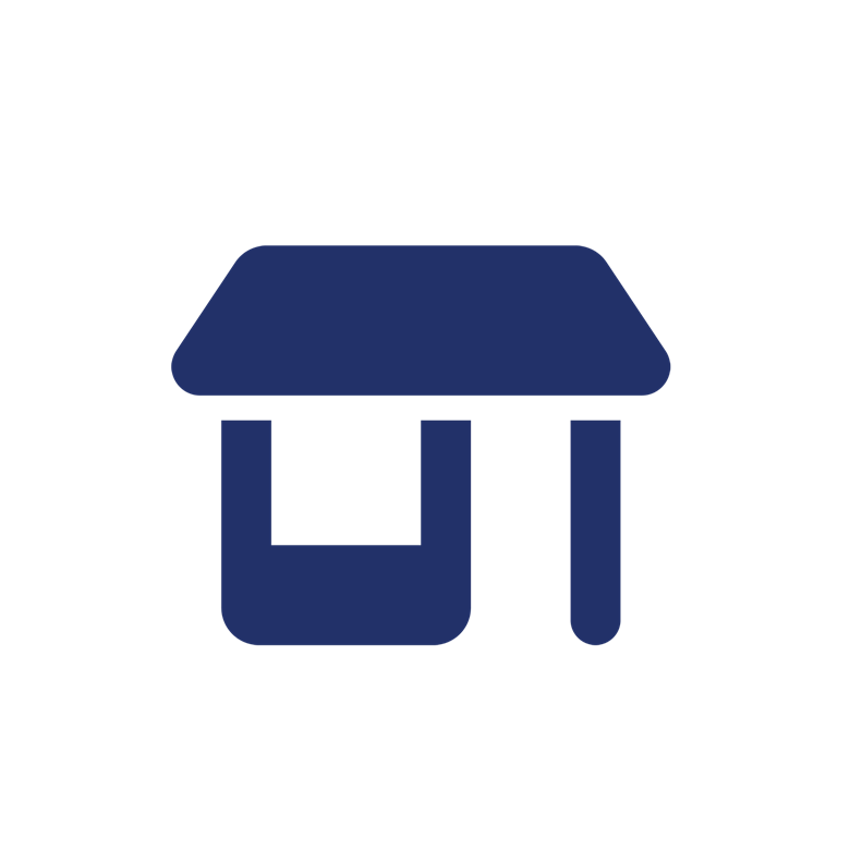 A dark blue icon of a store, featuring a flat roof and a storefront opening.