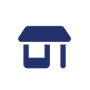 A dark blue icon of a store, featuring a flat roof and a storefront opening.