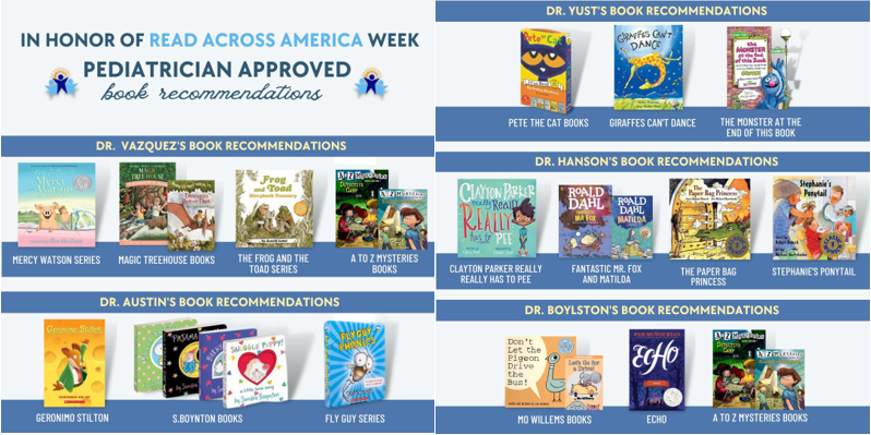 Graphic listing pediatrician-recommended children's books for Read Across America Week, organized by doctor.
