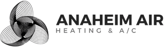 Logo for Anaheim Air: abstract circular graphic with text, "ANAHEIM AIR" and "HEATING & A/C".