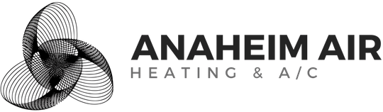 Logo for Anaheim Air: abstract circular graphic with text, "ANAHEIM AIR" and "HEATING & A/C".