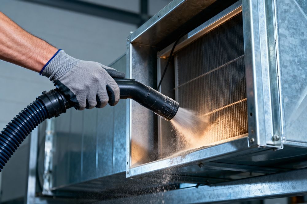 Person cleaning an air duct filter with a vacuum.