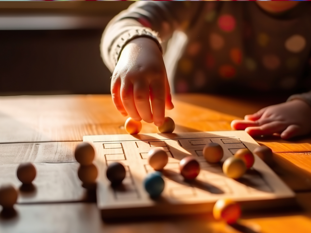 A child's hand gently places a wooden ball on a board game, on a sunlit table. The scene conveys a sense of calm and focus.
