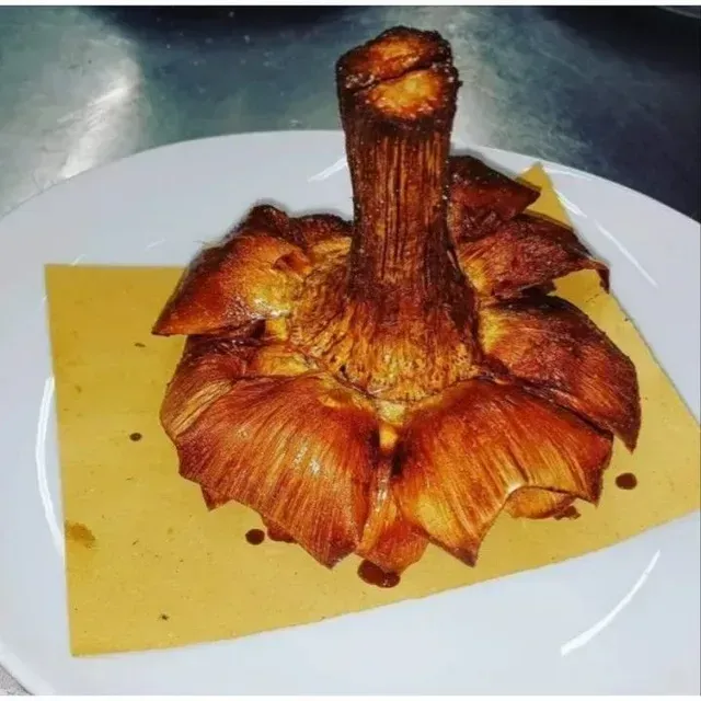 Un carciofo fritto con il gambo rivolto verso l'alto, servito su un foglio di carta da forno su un piatto bianco.