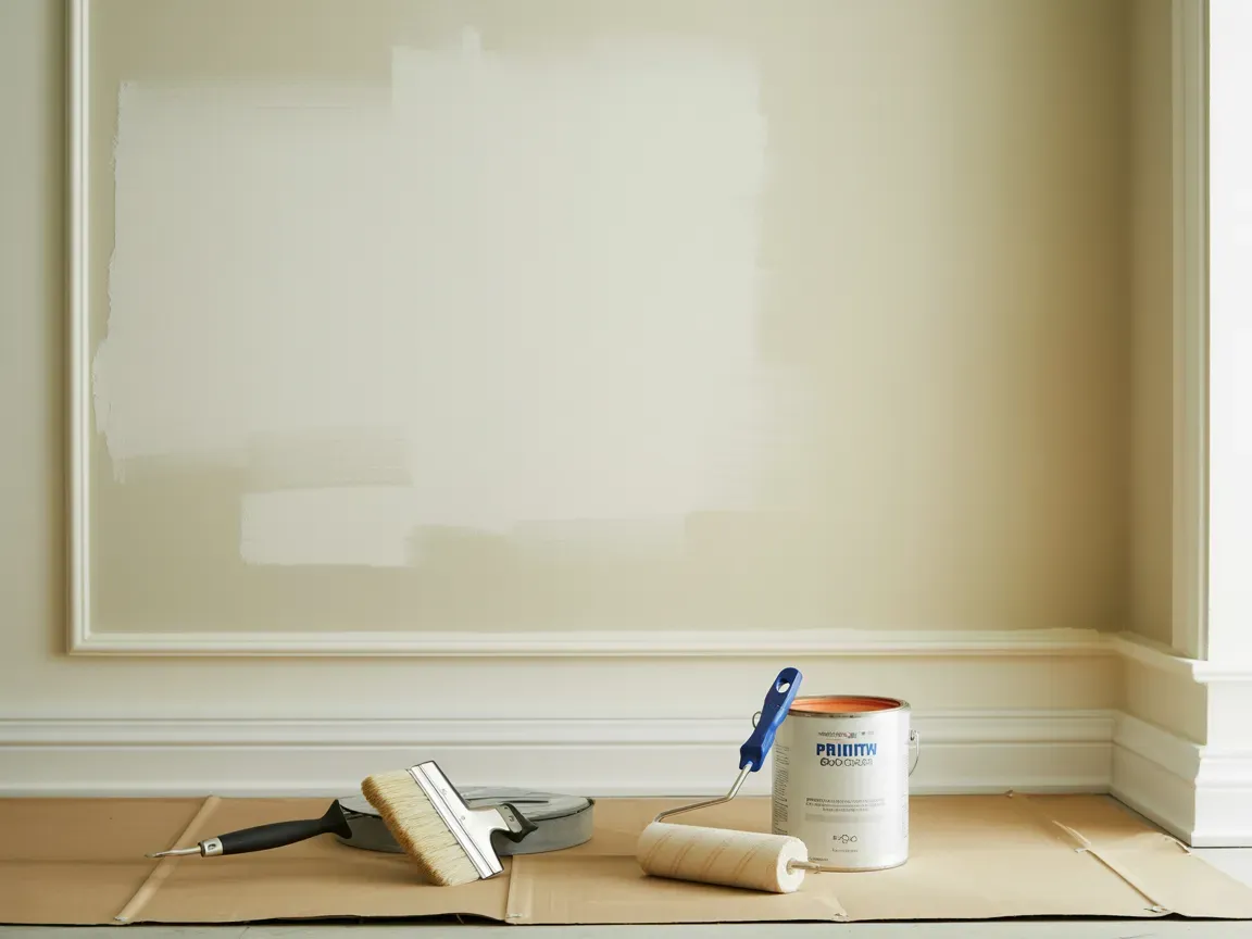 Paint supplies on cardboard in front of a partially painted wall with molding.