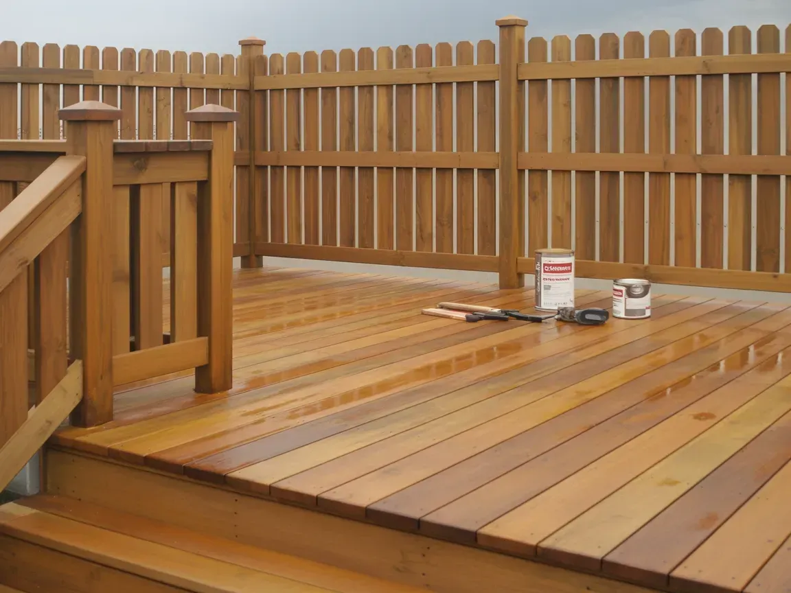 A newly stained wooden deck with a matching fence, featuring two cans of stain and a brush sitting on the surface.