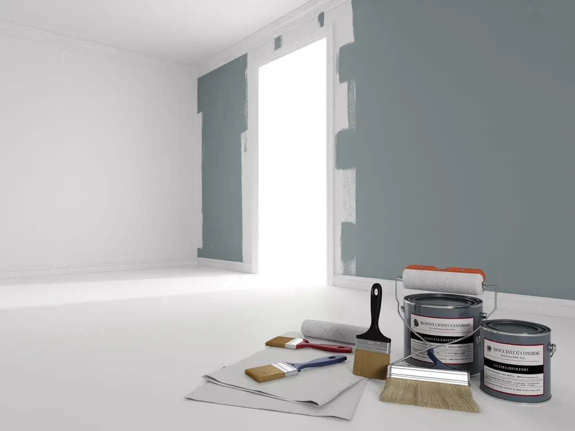 Paint supplies including rollers, brushes, and paint cans set on a drop cloth in a room with partially painted gray walls.
