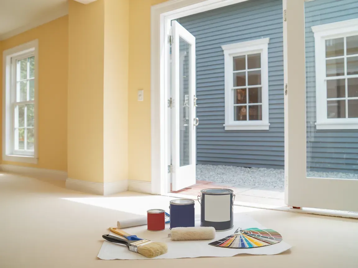 Painting supplies, including brushes, rollers, paint cans, and a color swatch, on a floor before a door to a gray building.