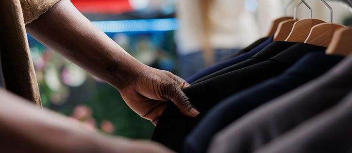 African American man looking through his closet of suits